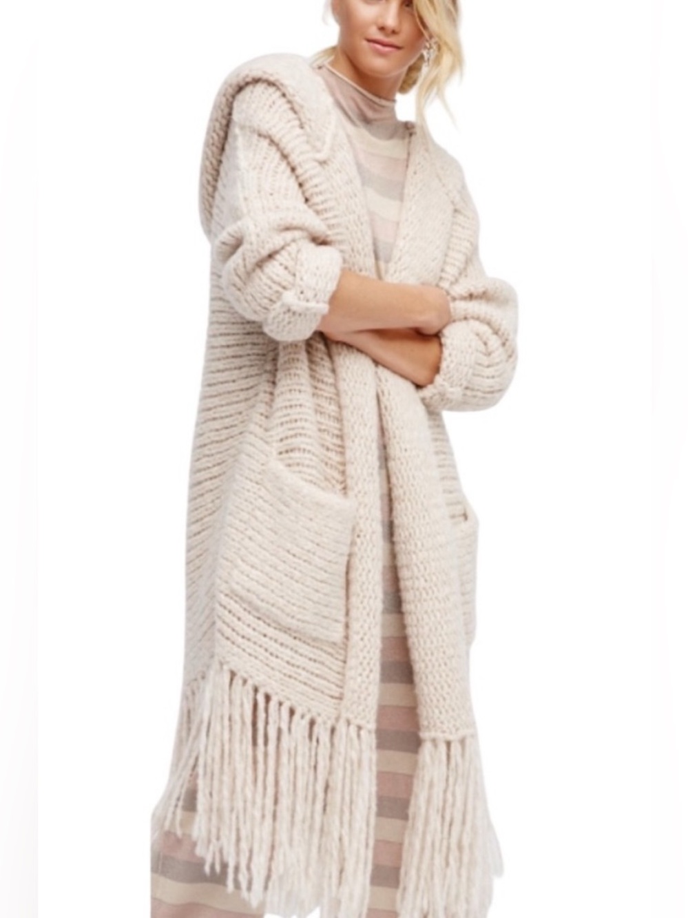 Free People Set Me Free Long Knit Fringe Chunky Cardigan Cream Oversized Small